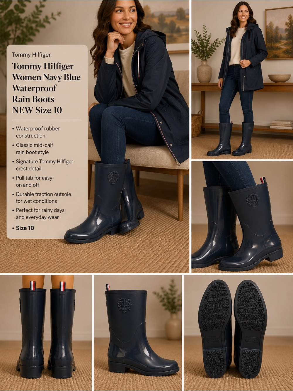 Tommy Hilfiger Women Navy Blue Waterproof Rain Boots NEW Size‎ 10